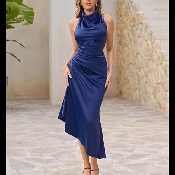 NWT Satin Mock Neck Backless Midi Cocktail Dress Size XL - Picture 2 of 8